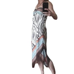 Rare BCBG Paris Silk Zebra Print Dress with Orange and Blue Accents